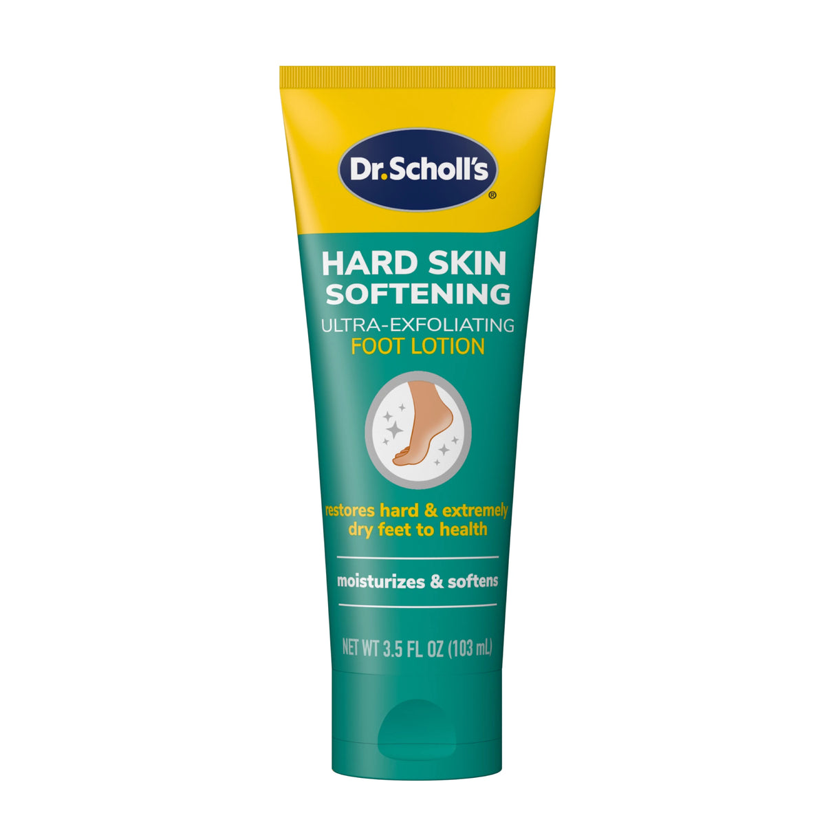 Dr Scholls dry flaky skin remover ultra exfoliating foot lotion in a teal and yellow squeeze tube