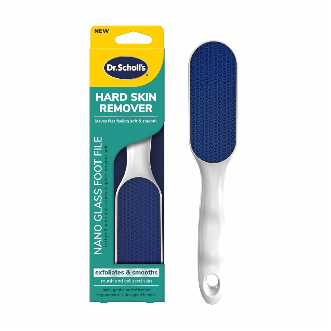 Dr. Scholl's nano glass foot file with blue textured head on white handle