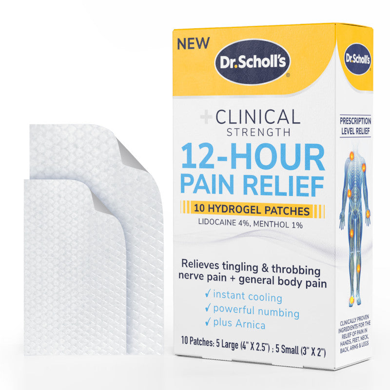 Hydrogel pain relief patches with Clinical Strength 12-hour box and white patch backing
