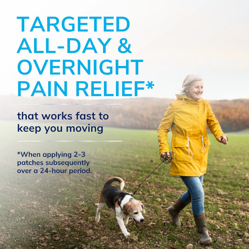 Hydrogel pain relief patches for all-day and overnight comfort, shown while walking