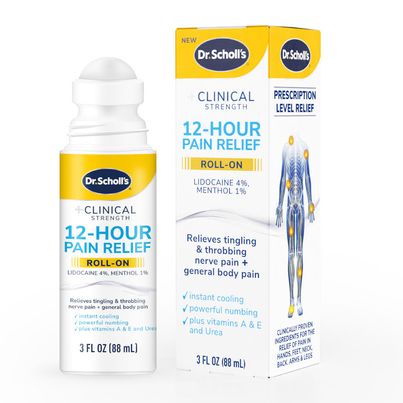 Dr.Scholl's Clinical Strength 12-hour pain relief roll-on bottle and retail box