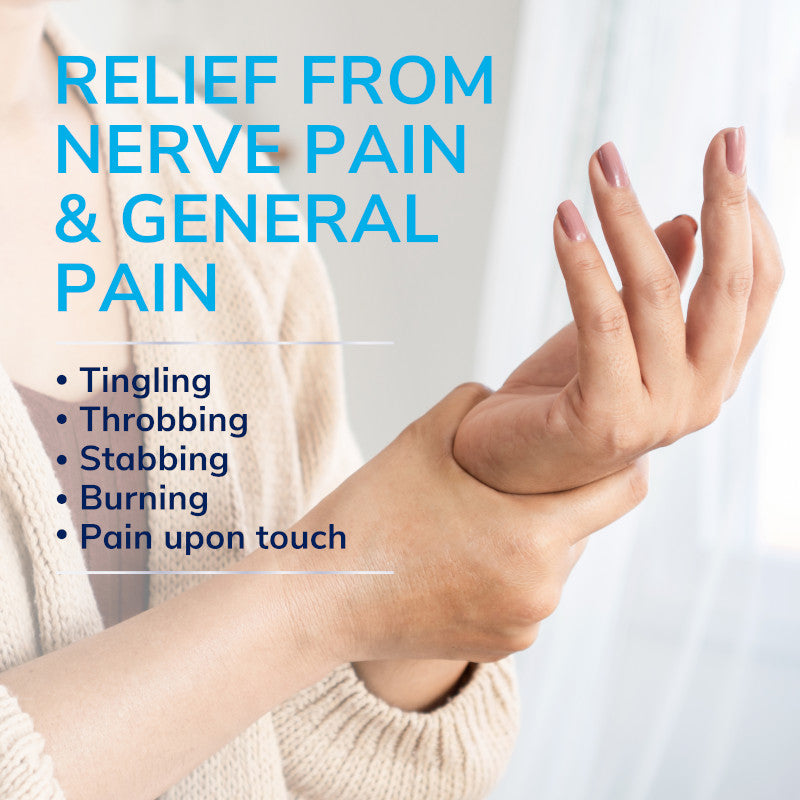 Pain relief roll-on applied to wrist and hand, shown with touch to sore area