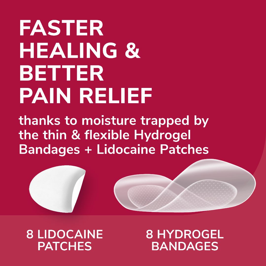 Faster healing blister pain relief kit with hydrogel bandages and lidocaine patches