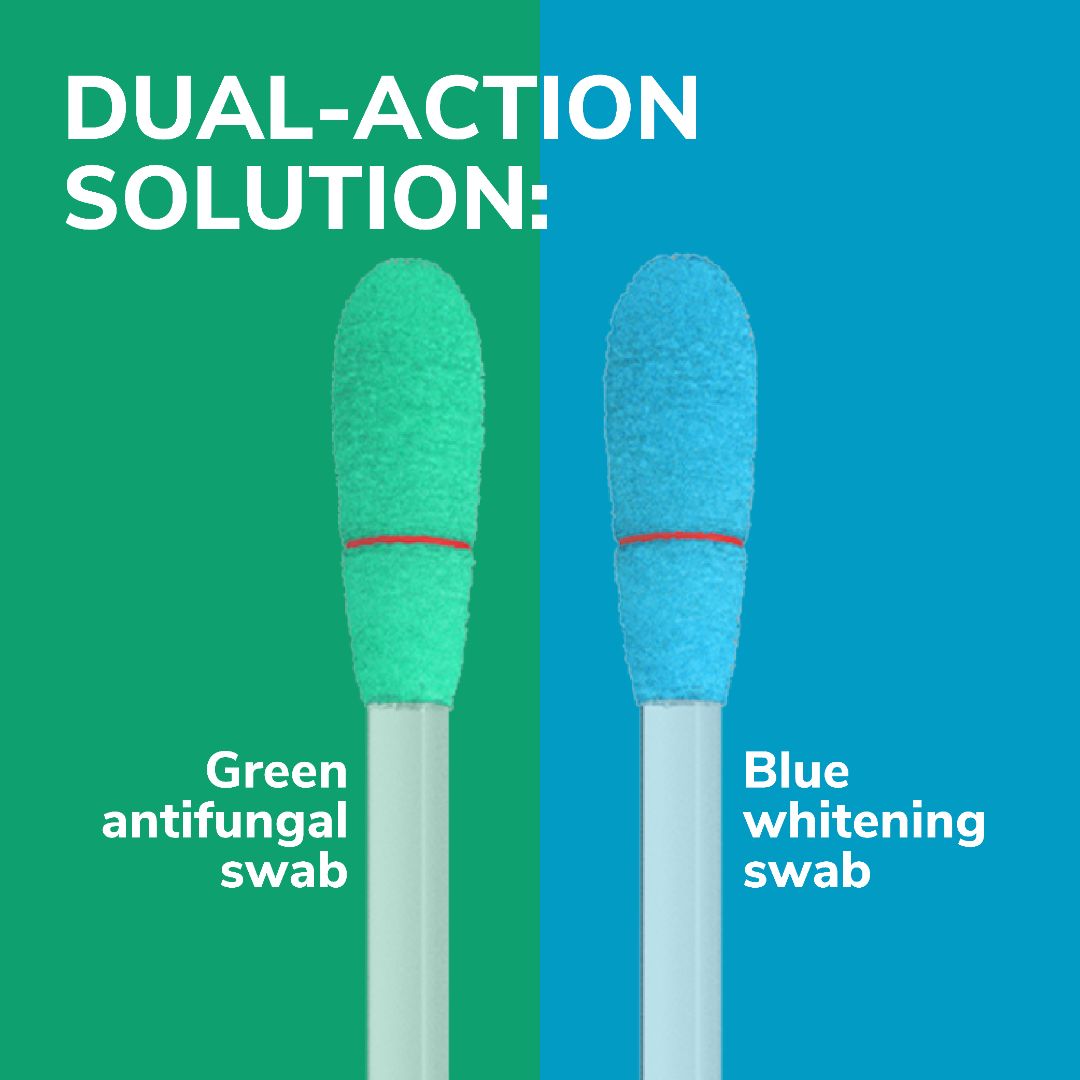 Dual-action antifungal swabs: green tip and blue whitening tip on white handles