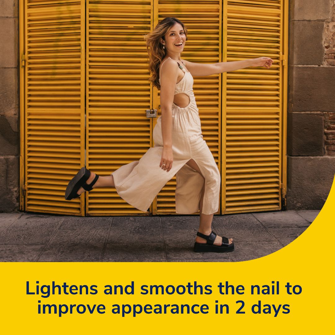 Nail care swab marketing scene with model in a light dress; no swab visible