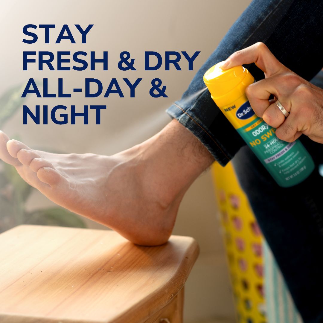 Odor-X® No Sweat dry spray bottle with foot on bed for freshness