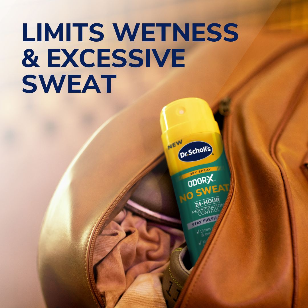 Odor-X® No Sweat dry spray bottle near shoes in a bag