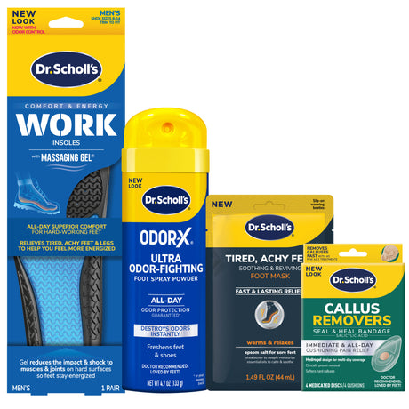 image of work insole, odor x spary, tired achy feet and callus removers
