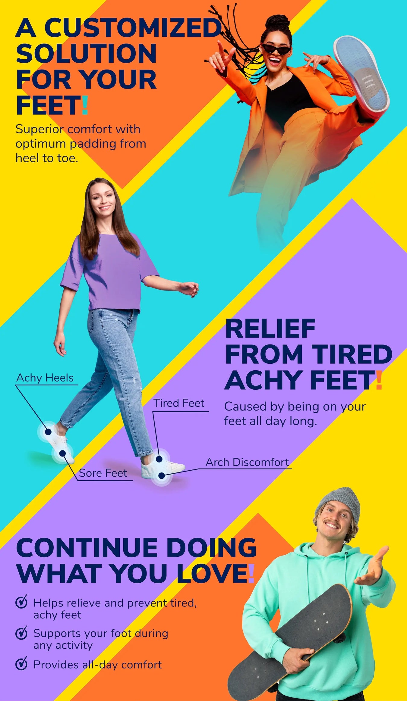 Promotional poster for foot care solution with people and text on a colorful background