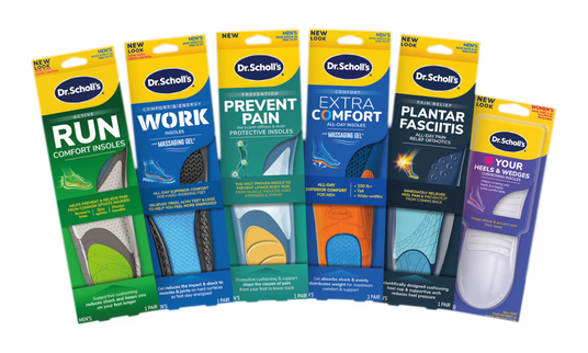 Six Dr Scholls insole packages for men and women displayed in a fan arrangement