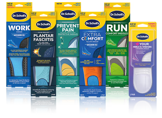Row of Dr Scholls insole packages showing Work Plantar Fasciitis Prevent Extra Comfort Run and Heels and Wedges insoles