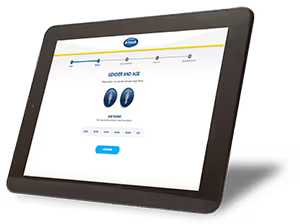 Digital tablet displaying a website with a blue and yellow navigation bar on a white background