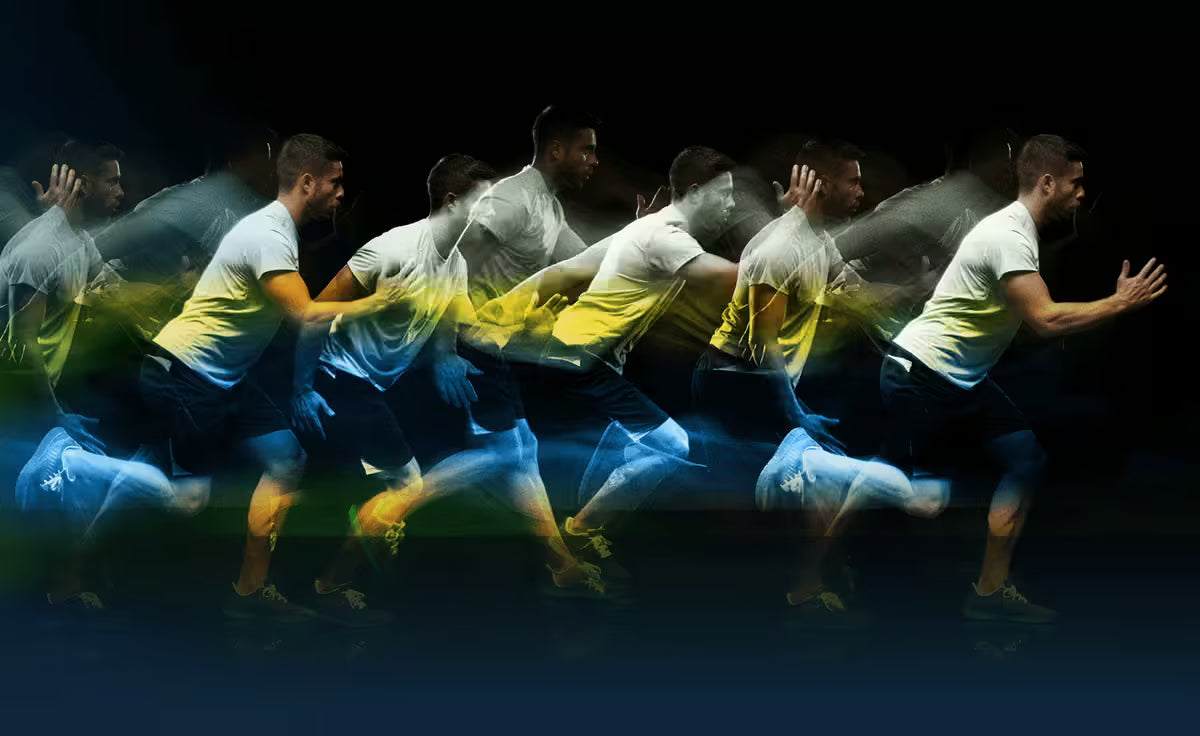 Multiple images of a person in a dynamic pose with a dark background