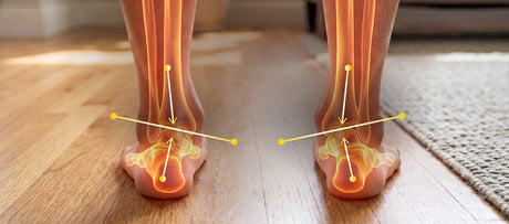 Rear view of bare heels with ankle anatomy overlays and yellow alignment markers.