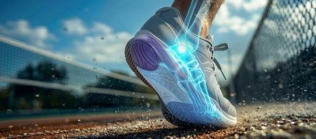 Close-up of an athletic shoe in motion, with a blue foot and ankle anatomy overlay.