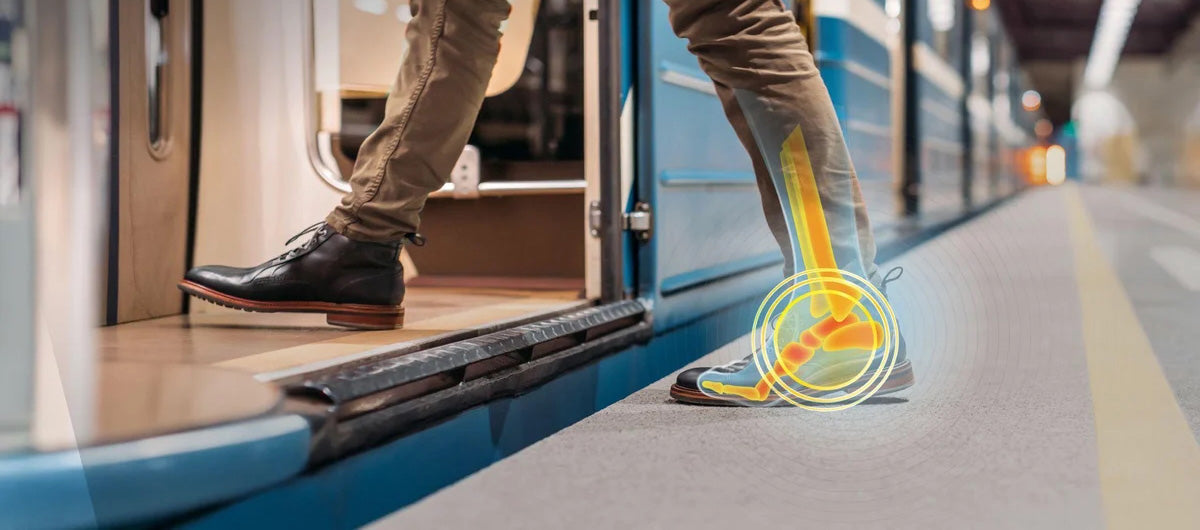 A man stepping up with a colored area showing the strain from calf to the bottom of the foot.