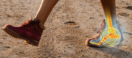 Person walking in the dirt in hiking boots with pain shooting up from foot to the ankle.