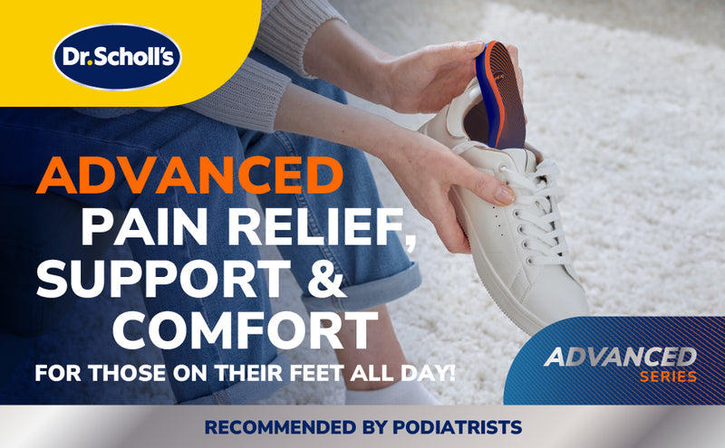 Dr. Scholl's graphic showing a person putting on a white sneaker with text reading Advanced Pain Relief Support and Comfort and Recommended by Podiatrists