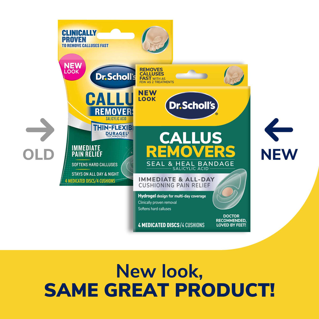 image of old packaging and new packaging of the callus removers