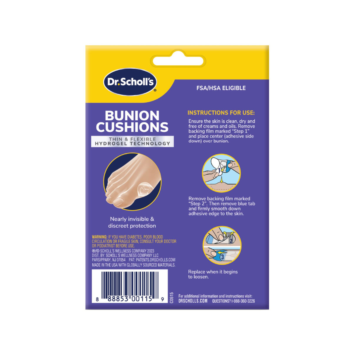 image of back of packaging of the bunion cushions