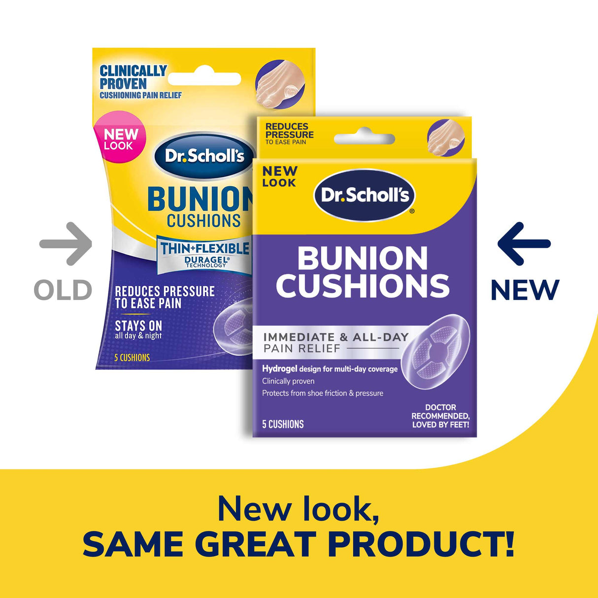 image of old packaging and new packaging of the bunion cushions