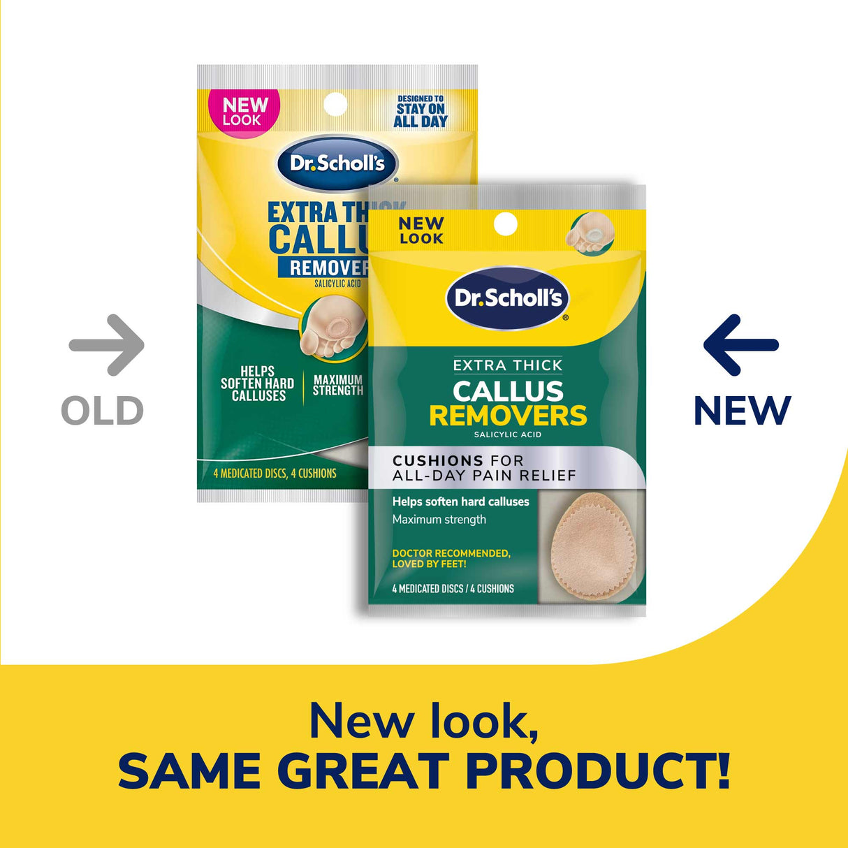 image of old packaging and new packaging of the extra thick callus removers