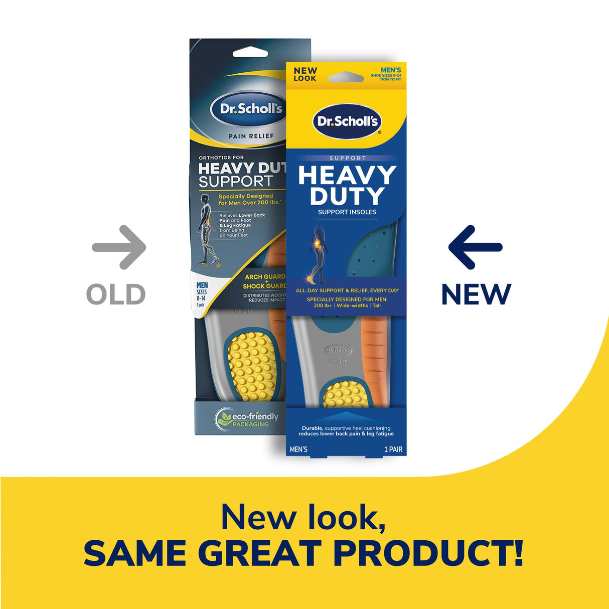 image of the old packaging and of the new packaging of the heavy duty insole