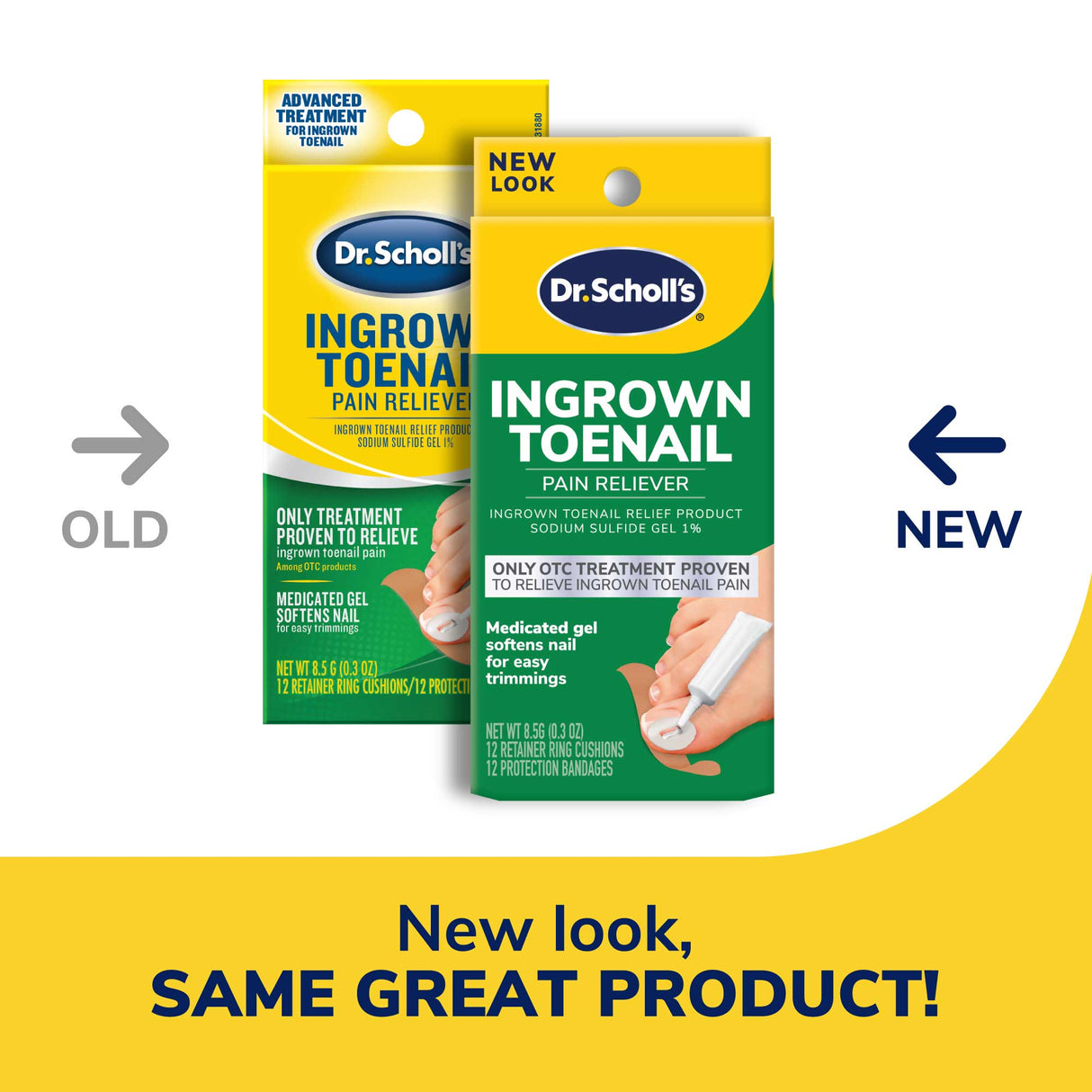 image of old and new packaging of the ingrown toenail reliever