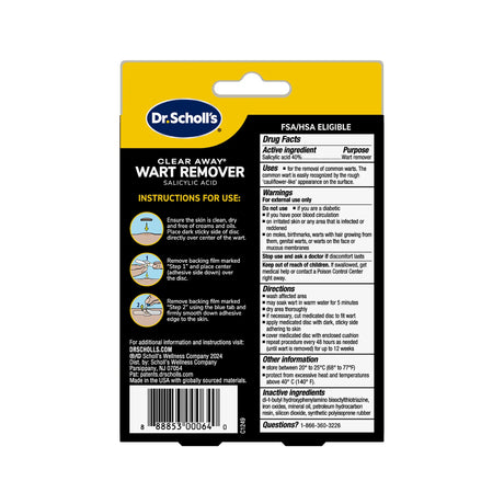 Back of Clear Away wart remover hydrogel bandages box with directions panel