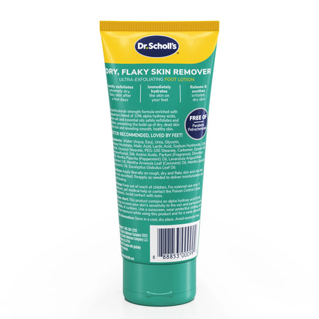 Dr. Scholl's Dry, Flaky Skin Remover foot lotion tube, back label view