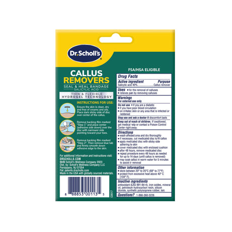 Dr. Scholl's callus remover seal & heal bandage package back with drug facts