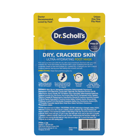 Back of Dr.Scholl's dry, cracked-skin ultra-hydrating foot mask package with directions.