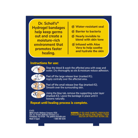 Dr. Scholl’s hydrogel bandages box back with usage instructions