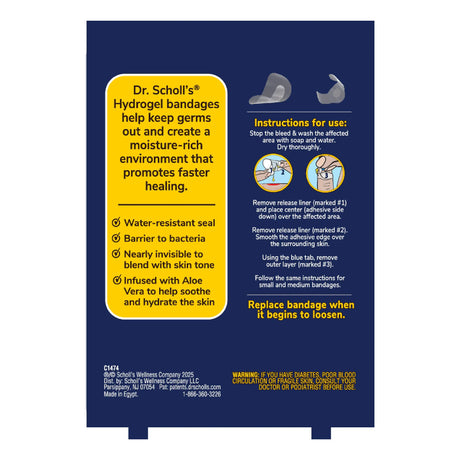 Dr. Scholl's hydrogel bandage box back with usage instructions and icons