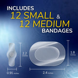 Assorted waterproof adhesive bandages, 12 small and 12 medium, size diagram
