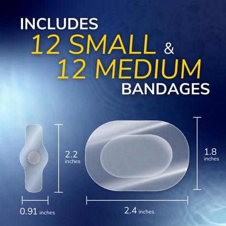 Assorted waterproof adhesive bandages, 12 small and 12 medium, size diagram