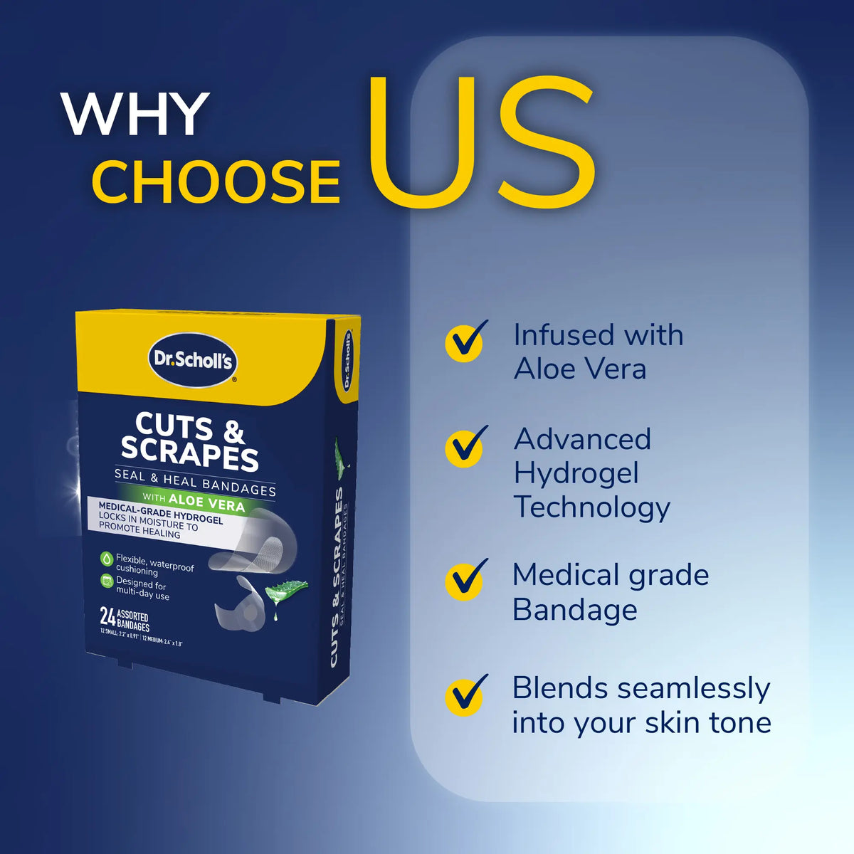 Dr. Scholl's Cuts & Scrapes waterproof bandage box with aloe vera and hydrogel icons