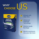 Dr. Scholl's Cuts & Scrapes waterproof bandage box with aloe vera and hydrogel icons