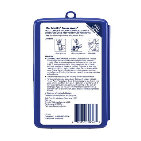 Back label of Dr. Scholl's Freeze Away wart remover package with directions