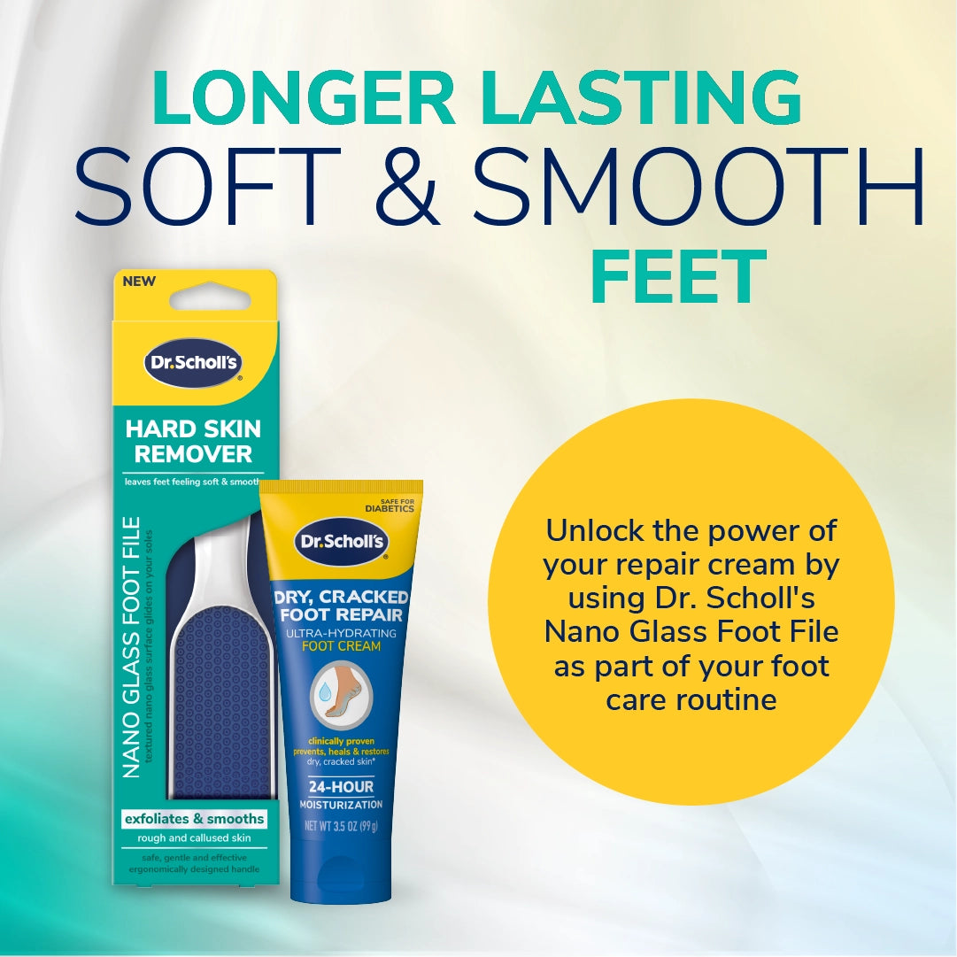 Dr. Scholl's nano glass foot file packaging with hard skin remover label
