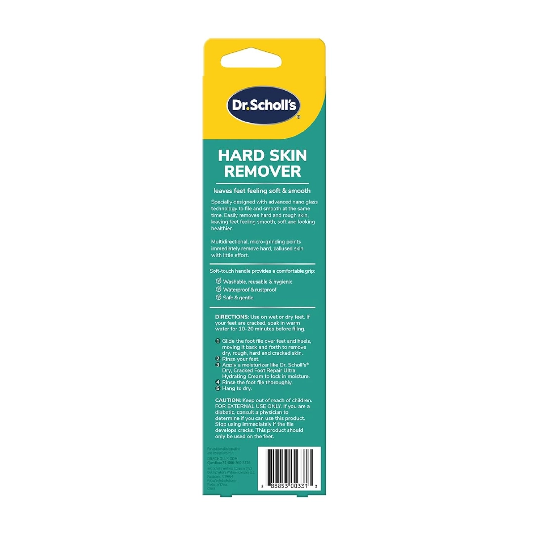 Dr. Scholl's Hard Skin Remover nano glass foot file back packaging