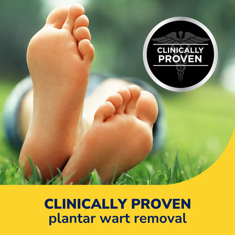 Bare feet on grass with Clinically Proven plantar wart removal badge