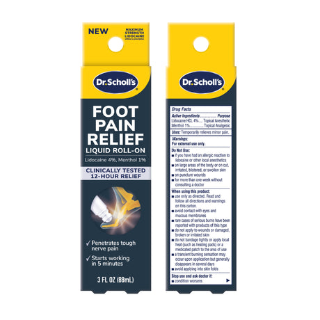 Dr. Scholl's foot pain relief liquid roll-on box with back panel label details