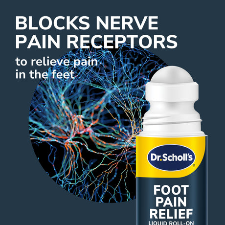 Dr. Scholl's foot pain relief roll-on bottle with nerve pain receptor graphic