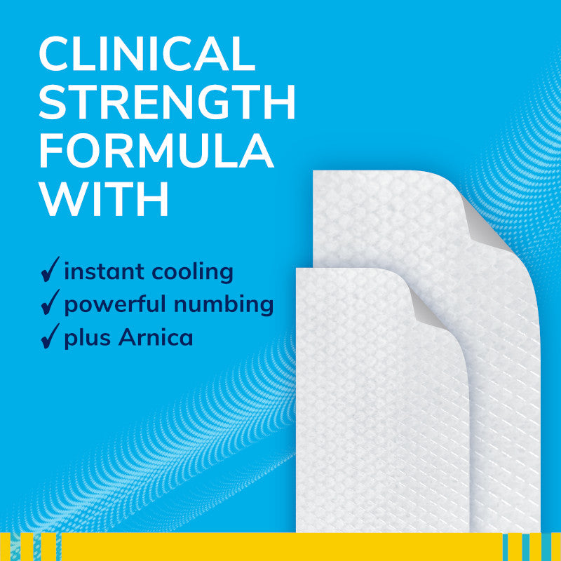White hydrogel pain relief patches, textured backing shown against a blue label