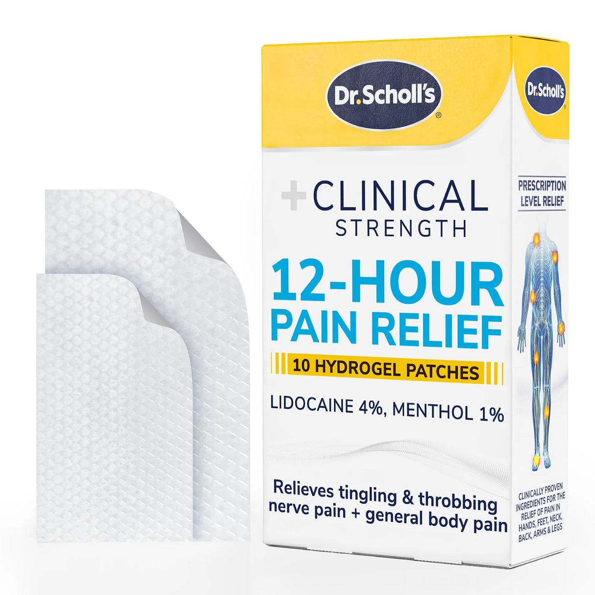 Dr Scholls Clinical Strength 12-Hour Pain Relief Hydrogel Patches box and two patches