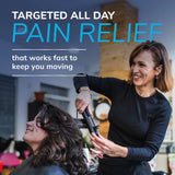 Dr Scholls Clinical Strength 12-Hour Pain Relief Hydrogel Patches advertisement featuring a hairstylist at work