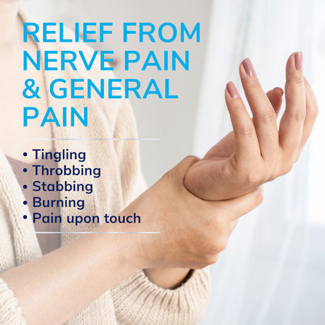 Pain relief roll-on applied to wrist and hand, shown with touch to sore area