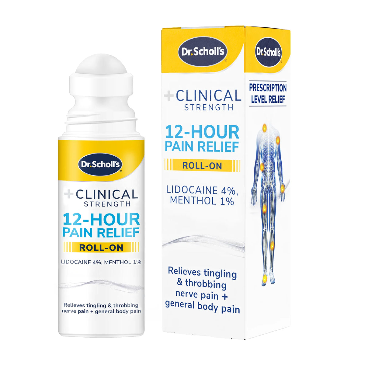 Dr Scholls Clinical Strength 12-Hour Pain Relief liquid roll-on bottle and packaging box