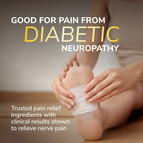 Hydrogel nerve pain relief patches concept on foot with supportive hand placement